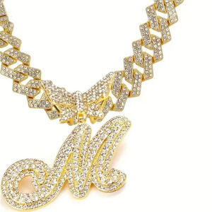 Gold Butterfly Letter Cuban Link Chain Necklace Hip Hop Street Fashion Letter M